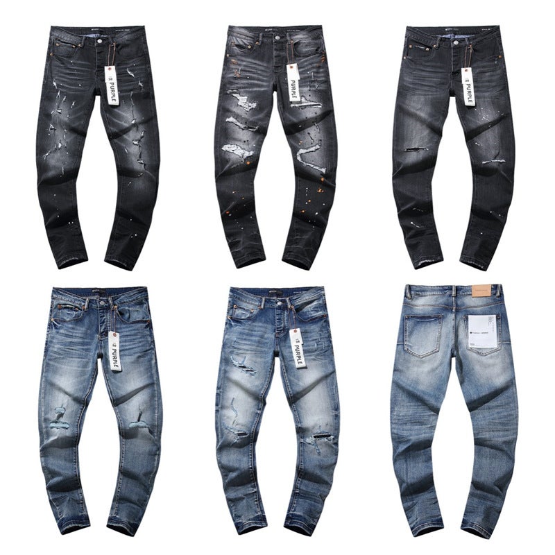 Purple New Style Splash-Ink Print Trendy High Street Retro Ripped Casual Trendy Unisex Denim Pants - Image 2